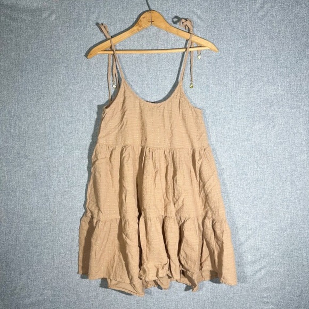 Aerie Womens Taupe Gold Shimmer Stripe‎ Shoulder Tie Mini Tiered Sundress XS